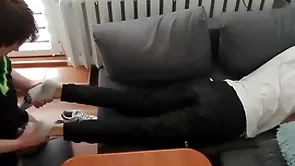Young scrounger pays out his bills with his arms