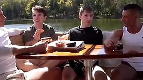 Step daddies foursome fuck gay step sons on a row-boat private road