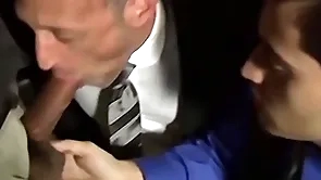 Bald bearded girder sucking twosome cocks roughly an orgy