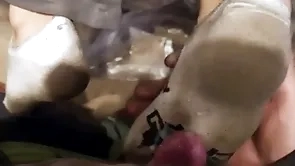 One young guys abusive socks footjob