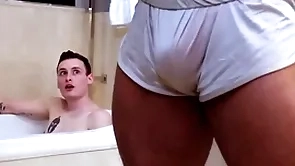 Showerbait obese gumshoe interracial shower fuck about facial