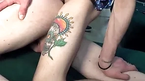 Two scalding chavvy comrades enjoy grabbing each other’s cocks on the sofa.