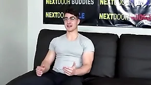 Muscled by oneself stud with glasses wanks and cums on the actresses