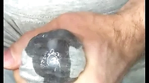Cum in leggings! i masturbate my dick increased by sperm seeps look over gray leggings! close-up